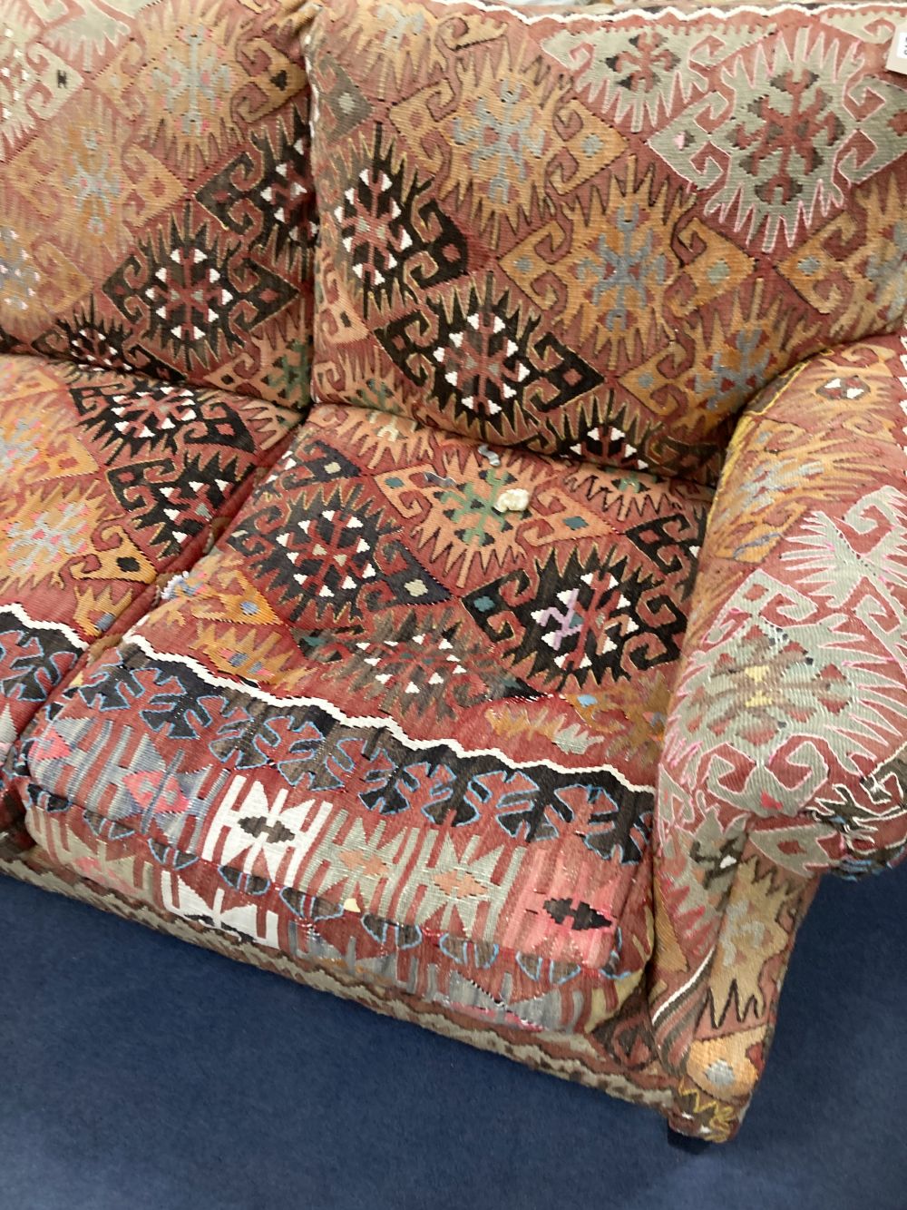 A George Smith kelim upholstered three seater settee, width 210cm depth 110cm height 88cm